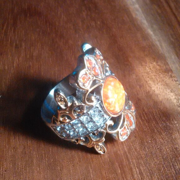Simulated Opal and Orange and White Crystal Stainless Steel Ring (Size 6) - Picture 9 of 10